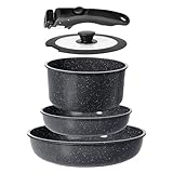 GiPP Keramik Topfset mit Abnehmbarer Griff, 5-Teilig Topf und Pfannenset mit Antihaft Beschichtet, Topfset Induktion Kochtopf Set, Backofenfest, für Alle Herdarten, PTFE/PFOA-frei, Schwarz