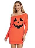 Glimnerize Halloween Damen Spinnen Druck Shirt Oberteil 3/4 Arm Langarmshirt Schulterfrei Schulterfreies Orange Smiley XL