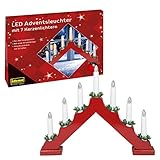 Idena 31604 - LED Adventsleuchter mit 7 LED Kerzenlichtern in Warmweiß, Schwibbogen aus rot lackiertem Holz, mit Ersatzlampe und Schalter, Deko für Innen, als Winter-, Advents- und Weihnachtsdeko