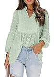 Dokotoo Damen Bluse Grün V-Ausschnitt Langarm Tunika Frühling Sommer Vintage Boho Oberteile Shirts Tops Spitze Laternenärmel Lose Sweatshirt Langarmshirt Large