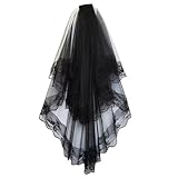 CICILIAYA Brautschleier, Kurz mit Kamm Tüll Braut Hochzeit Schleier Ribbon Edge für JGA Hochzeit Hen Party (Schwarz)