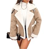 Generisch Winterjacke Damen Warm Gefüttert Wildlederjacke Damen Mit Knöpfen Langarm Wintermantel Wildleder Revers Fleecejacke Elegant Dicke Damen-Jacken Winter Locker Vintage Mantel Mit Taschen