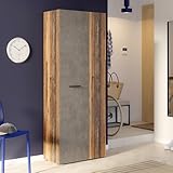 Forte NET106 Schrank 70, Schuhschrank, Garderobenschrank, Abstellraum, Drehtürenschrank, 2-türig mit Einlegeböden, Betonoptik mit Holzdekor: Vintage Eiche, 68,7 cm breit x 181,1 cm hoch x 36,5 cm tief