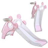 YOLEO Rutsche, Kinder Fun-Slide mit Basketballkorb, Faltbar Kinderrutsche, Gartenrutsche Kleinkinderrutsche für 1-3 Jahre, Indoor & Outdoor Rutschbahn mit Rutschauslauf (Rosa)