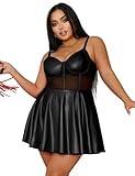 sunshinelady Damen Lederkleid Mesh Wetlook Große Größen Minikleid mit Rüschen Bügel-Cups Partykleid für Frau Brustumfang Träger Verstellbar Clubwear Sexy Outfit Dessous Curvy Figurbetont Schwarz S