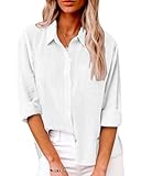 Friptspyg Bluse Damen Lässiges Langarm Hemdbluse Elegant Blusen & Tuniken für Damen V-Ausschnitt 100% Baumwolle Solide Sommer Oberteile mit Tasche, Weiß XL