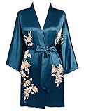 BABEYOND Damen Morgenmantel Blumen Gedruckt Sommer Bademantel Kimono Kurz Robe Leicht Schlafmantel Damen Satin Strandkleid (Dunkelgrün)