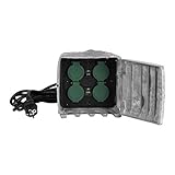 Grafner Gartensteckdose in Steinoptik mit Dämmerungssensor ON/Auto, 4 Steckdosen, 3680W / 16A, 3 Meter Zuleitung mit Stecker, eckig, Energiesäule Mehrfachsteckdose Außen Outdoor Stein Optik