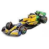 Bburago Formel 1 McLaren Team MCL38 Senna Version (Monaco GP) (2024): Modellauto im Maßstab 1:43, Sondermodell, von Fahrer #4 Lando Norris, Window Box, 12,5 cm, gelb grün (18-38214N-S)