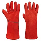 AUAUY Feuerfeste Kaminhandschuhe & Grillhandschuhe, Hitzeschutz Handschuh, Hitzebeständige Schweißerhandschuhe, Unisex Ofenhandschuhe Backhandschuhe für Grillen Kochen Backen Draussen-Rot