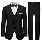 LUPURTY 3-teiliger Anzug für Herren, schmale Passform, Business-Stil, einfarbig, Ein-Knopf-Hochzeit, Smoking, Blazer, Weste, Hose, Schwarz, 4XL