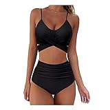 ablever Bikini Damen Set Push Up Crossover Verstellbar Bikinioberteil Zweiteiliger High Waist Wickel Bikinihose Tiefer V Ausschnitt Triangel Oberteil Bikinihose Strandkleidung (XL, Schwarz)
