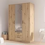 Forte NIKO Kleiderschrank 120 130, moderner Schrank 2-türig, Schlafzimmer, Jugendzimmer, Kinderzimmer, Holzwerkstoff, Artisan Eiche Holzdekor mit Spiegel, 122 cm breit x 185 cm hoch x 52,7 cm tief