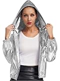 TiaoBug Damen Wetlook Lack Leder Jacke Langarm Hooded Hoody Übergangsjacke mit Reisverschluss Modern Jazz Hip Hop Tanz 70er 80er Jahre Outfit Silber XL