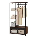 WOLTU Kleiderständer mit Lagerschrank Kleiderschrank Offener aus Holz und Metall, Garderobenständer für Schlafzimmer, Dunkelbuche