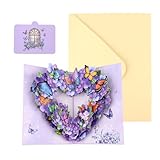 Pop Up Grußkarte, Lila 3D Blumen Schmetterlinge Herz Karte mit Umschlag & Notizkarte für Mama Ehefrau Schwester Oma Tante Tochter Perfekt für Geburtstag Jubiläum Valentinstag Hochzeit