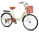 Klapprad 24 Zoll City Fahrrad Retro Vintage Citybike 6 Gang schaltwerk,Verstellbarer Sitz handhaben+ Rücklicht und Korb+GlockeGeeignet für Erwachsene und Jugendliche（Creme Farben）