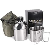 Goetland Edelstahl US Militär Feldflasche Set 1,2l mit 0,6l Becher Nylon Beutel Wasserflasche Kochtopf Campingbecher