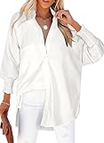 Chicrise Bluse Damen Streifen Langarm Button Down Shirt Oversize Leichte mit Tasche Hemd Basic Lässig Weiß Mittel 38-40