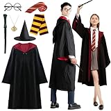 Zauberer Cosplay Kostüm, 7 Pcs Magier Robe für Erwachsene mit Umhang, Hut, Zauberstab, Krawatte, Schal, Halskette und Brille, Unisex Uniform für Erwachsene Halloween Karneval Cosplay Kostüme
