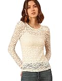 Allegra K Damen Langarm Stickerei Blumen Spitze Durchsichtig Oberteil Top Bluse Beige S