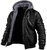 Herren Kunstlederjacke Motorradjacke Wasserdicht Winddicht PU Moto Oberbekleidung Vintage Bomber Hoodie mit Abnehmbarer Kapuze, Schwarz, S
