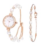 JewelryWe Perlenuhren Armband Set für Damen: Rosegold Damenuhr Analog Quarz Armbanduhr mit verstellbar Perlenarmband Uhr Schmuckset Geschenk für Frau Freundin Mutter