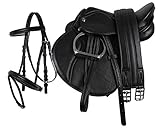 QHP Pony Sattel-Set Leder Sattel 13" Sattelgurt Steigbügel + kombinierte Trense (schwarz)