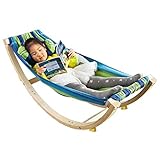 SoBuy Hängematte Kinder mit Sicherheitsstopper, Kinderliege, Schaukelliege aus Holz mit Kopfkissen, Kinderhängeschaukel für Kinderzimmer, Bunt, 122×48×36 cm KMB16-J