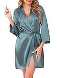Sopesil Damen Satin Bademantel Unisex Morgenmantel Seide Leicht Kimono Bride V-Ausschnitt Morgenmantel für Spa Haus und Hotel, Hellgrün, M
