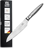 SOLINGEN Ergo Fun | Santoku Damastmesser 15 cm/Scharfes Profi Küchenmesser | Asiatische Klingenform, made in Germany, 65 Lagen VG10 Damaststahl + Edelstahl Griff | Knife from Solingen