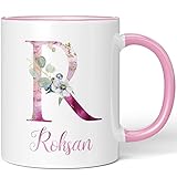 JUNIWORDS Tasse, Roksan, Name Anfangsbuchstabe Initial Alphabet Floral Buchstabe R Monogramm Motiv, Rosa (5537126)