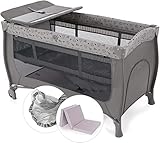 Hauck Baby Reisebett Sleep n Play Center Set mit Komfort Matratze und Insektenschutz - Babyreisebett mit Neugeborenen Einsatz, Wickelauflage, Rollen und Tasche (höhenverstellbar & faltbar) - Grau