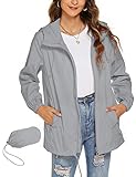 Rapbin Regenjacke Damen Wasserdicht Atmungsaktive Windbreaker Sportjacke Wandern Reisen Regenmantel Trenchcoat(Grau,M)