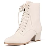 Voviggiw Damen Viktorianische Stiefel Kurzschaft Knöchel Stiefel Schnüren Stiefeletten for Damen Side Reißverschlussper Block Chunky Mid Heel Beige Große 38