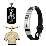 Snyvpra 3 Stück Fußball Accessoire Set mit CR7 Armband, schwarzem und goldenem Anhänger - Sportlicher Schmuck für Fußballfans und Spieler, Fußball Trikot Halskette Nr.7 Fussball Jersey Halskette Gold