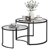 HOMCOM Couchtisch 2er-Set, Beistelltisch mit Schwarz Stahlgestell, Sofatisch, Kaffeetisch mit Tischplatte aus Hartglas, teilweise stapelbar, für Wohnzimmer, Schlafzimmer
