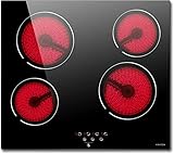 NOXTON Glaskeramikkochfeld 4 Platten Einbau, Kochfeld 60 cm mit Kindersicherung, 9 Heizstufen mit Touch-Steuerung, Herdplatte Geeignet für alle Pfannen, 220V-240V, 6000W, Keine Stecker