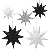 5 Stück Papiersterne für Weihnachts Deko, 9 Zacken Weihnachtspapiersterne, 30cm x 3 + 45cm x 2, Skandinavisch Papiersterne für Weihnachtsdekoration, Fensterdekoration,Advent,DIY (Weiß, Schwarz, Grau)