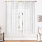 Softalker Vorhänge mit Stangendurchzug Gardinen Weiss Transparent in Leinen-Optik Voile Vorhang Kurz Durchsichtig Gardine schal 160 cm Hoch für Schlafzimmer Fensterschal 140 cm Breit, 2er Set