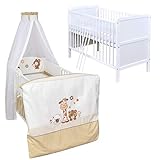 Generisch Baby Delux Babybett Komplett Set 9-TLG Kinderbett umbaubar zum Juniorbett 70x140 Matratze Jack Bettset Chiffonhimmel (Safari)
