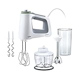 Braun MultiMix 5 HM 5137 Handmixer - Handrührgerät mit stufenloser Geschwindigkeitsregelung, 750 Watt, inkl. Schneebesen, Knethaken, Pürierstab, Zerkleinerer und 600 ml Mix- und Messbecher, Weiß/Grau