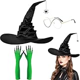 3 Stück Hexenmütze, Hexenzubehör für schwarze Faltenmütze + Spinne, grüne Handschuhe und schwarze goldene Rahmen-Brille, Kleid für Karneval, Party und Theater, schwarze Hexenmütze mit Hexenkostüm