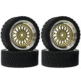 KINGCOO RC Auto Reifen und Räder Set, 4Stück 65mm RC Rally Auto Gummireifen Kunststoffbeschichtung Rad Felgen für 1/10 RC On-Road Rally Racing Car für Tamiya WR8 HPI HSP TT02 (Gold Silber)