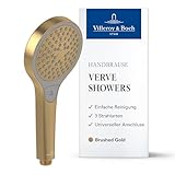 Villeroy & Boch Verve Showers Duschkopf, Handbrause mit 3 Strahlarten per Knopfdruck, EasyClean, Wassersparend, Universeller Anschluss – Brushed Gold