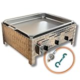 Edelstahl Gastrobräter 3-flammig mit Pfanne – Made in Germany | inkl. Gasschlauch, Druckminderer & Gasflaschenschlüssel | Gasbräter | Gastro Gasgrill | Camping-Tischgasgrill | für Outdoor-Küche