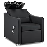 Barberpub Friseurstuhl mit Waschbecken, Klappbare Beinstütze, Friseurwaschbecken aus Keramik Verstellbar, Friseurwaschsessel für SPA Salon, Friseur Waschplatz 8675 (Schwarz/Kunstleder)