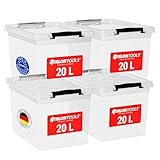ATHLON TOOLS 4x 20 L Aufbewahrungsboxen mit Deckel, lebensmittelecht - Verschlussclips - 100% Neumaterial Plastik-Box transparent - Kleiderboxen stapelbar…