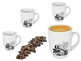 Van Well 4er Set Kaffee-Becher 330 ml I Marken-Porzellan-Tassen in Weiß I Kaffee-Tassen-Set für 4 Personen I Kaffee-Tasse mit Henkel mikrowellengeeignet I Kaffee-Service in Black Flower-Dekor