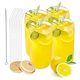 4 Stück Longdrinkgläser,Dosenförmige Glasbecher,Trinkgläser mit Bambusdeckeln und Strohhalm,500 ml süße Biergläser in Dosenform, Glasbecher, Eiskaffeegläser, Whiskygläser usw. Geeignet